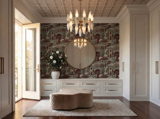 Uptown Scenic Wallpaper in Purple hung in a moody, sophisticated library