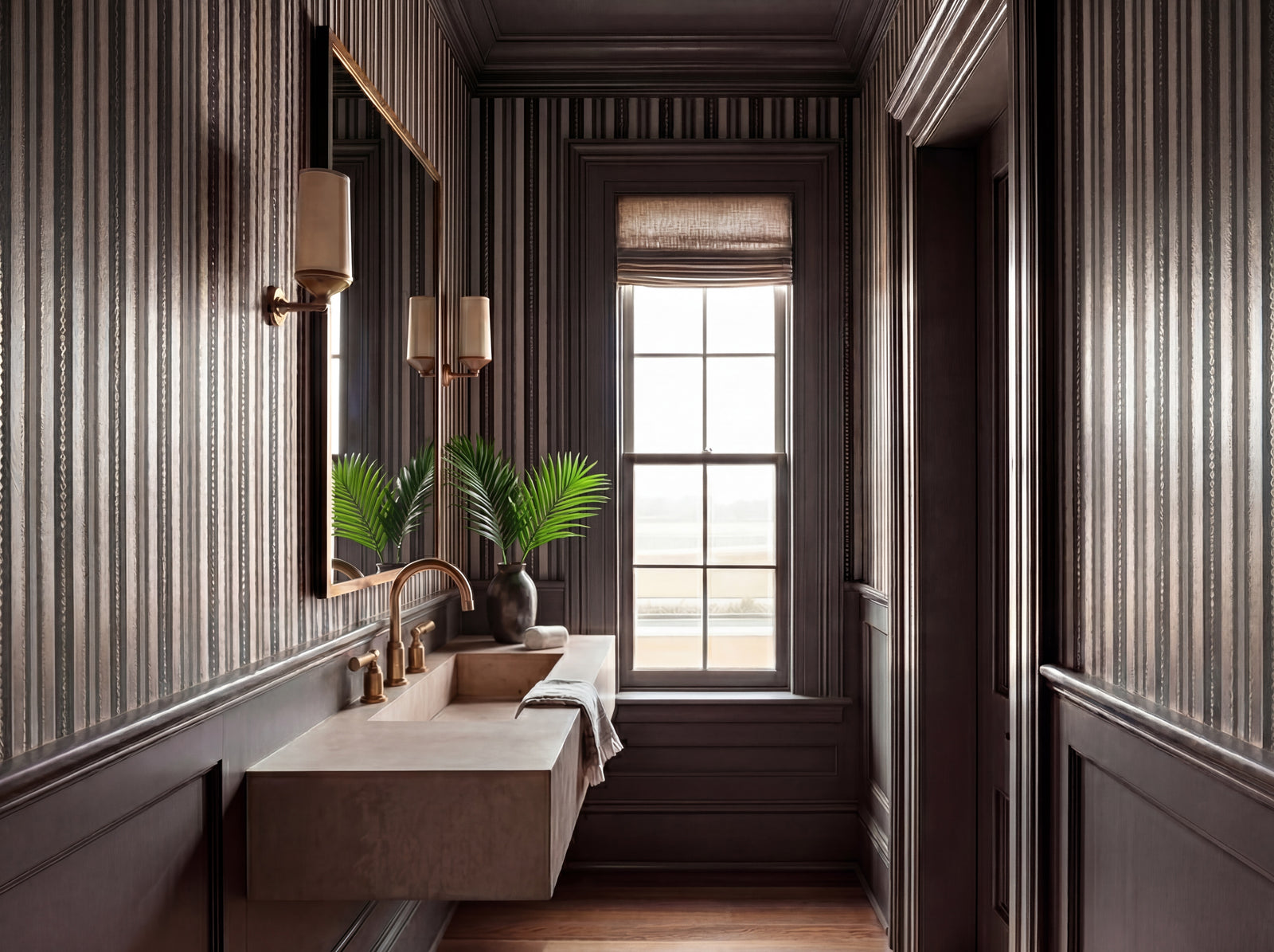 Rope and Chain Restraint wallpaper in an elegant powder room installation with warm natural lighting