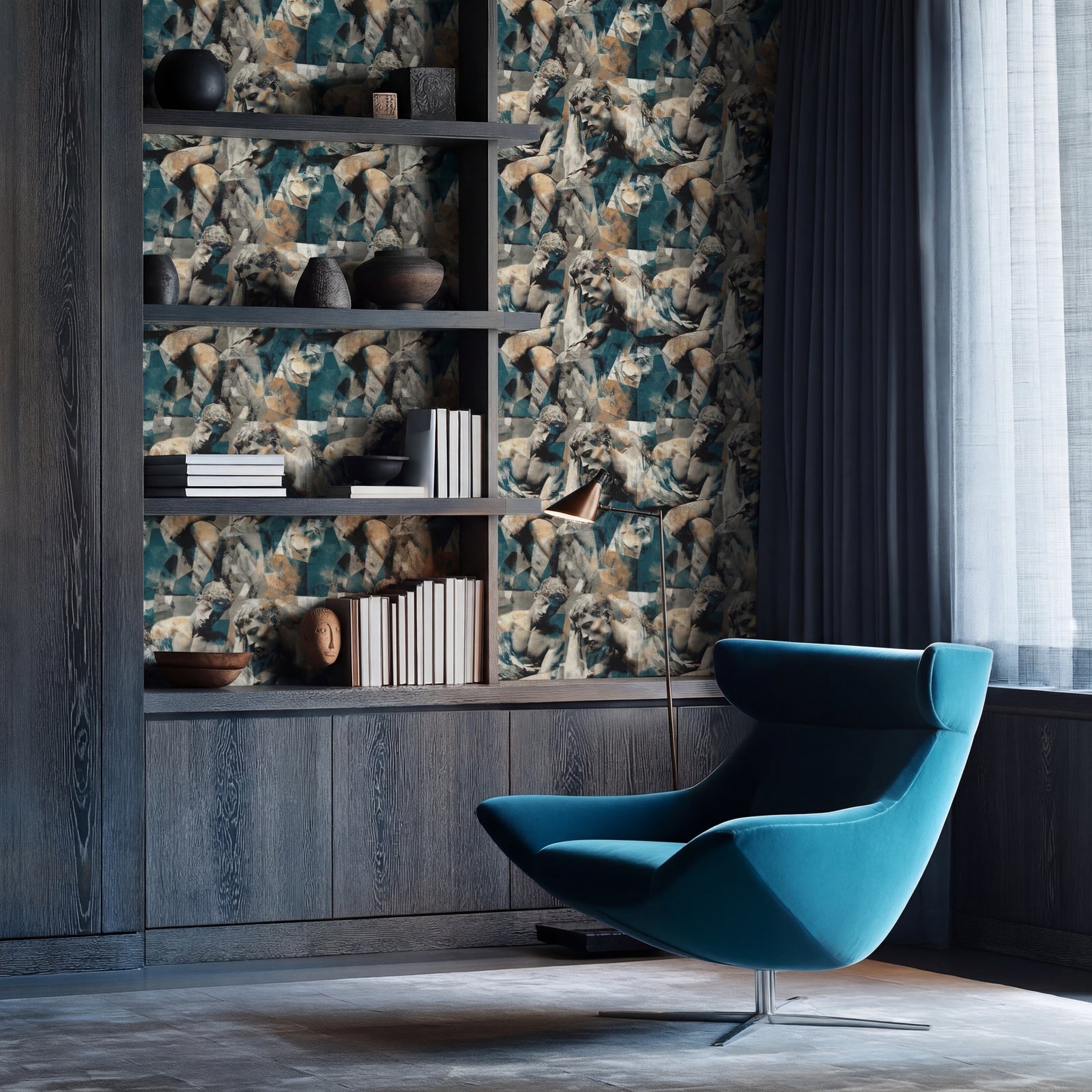 Detail view of The Thinker wallpaper design in bronze and verdigris tones.