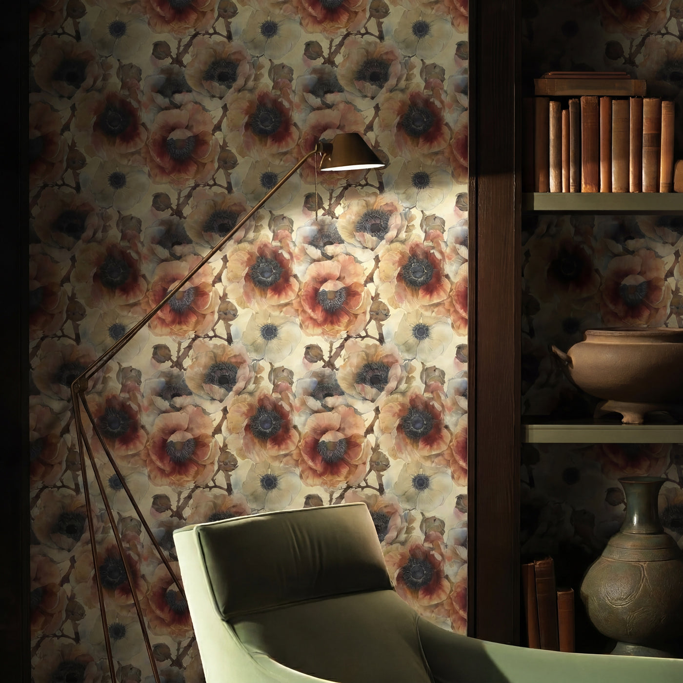 Close-up detail of Sunset Poppy and Anemone floral wallpaper in warm sandstone tones.