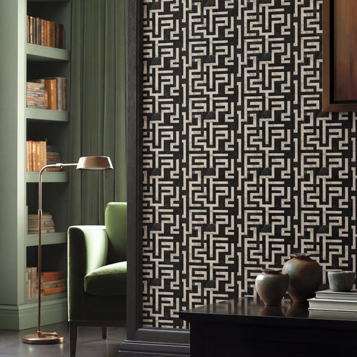 Close-up detail of Carrara Marble Greek Key wallpaper pattern