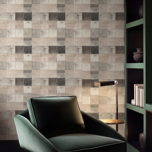 Detail of plaster patina tile wallpaper in a minimalist interior setting