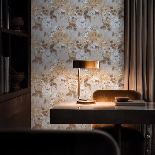Classic entryway accented with watercolor floral wallpaper in soft shades.