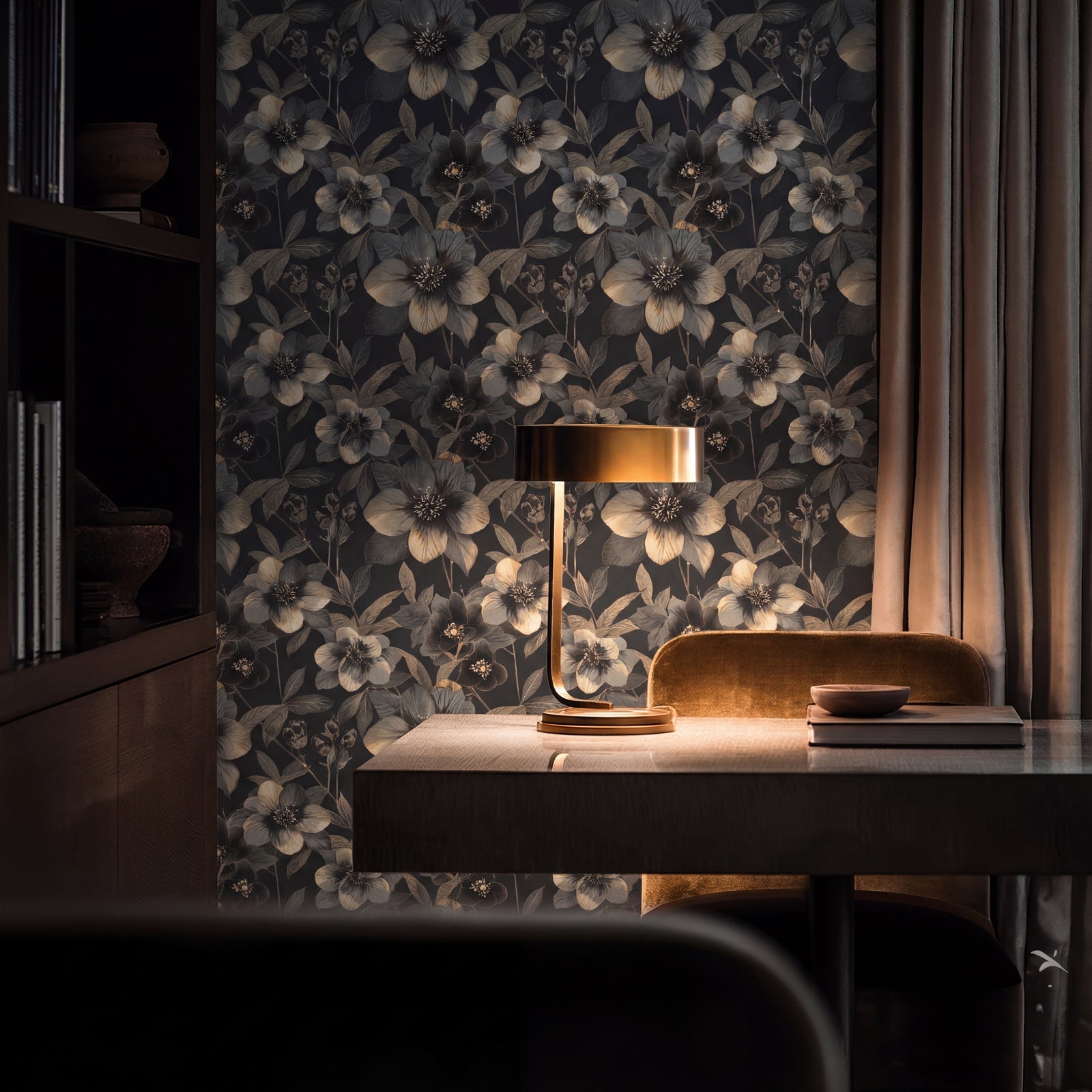 Nocturne Bloom botanical wallpaper styled in a luxury dining room interior.