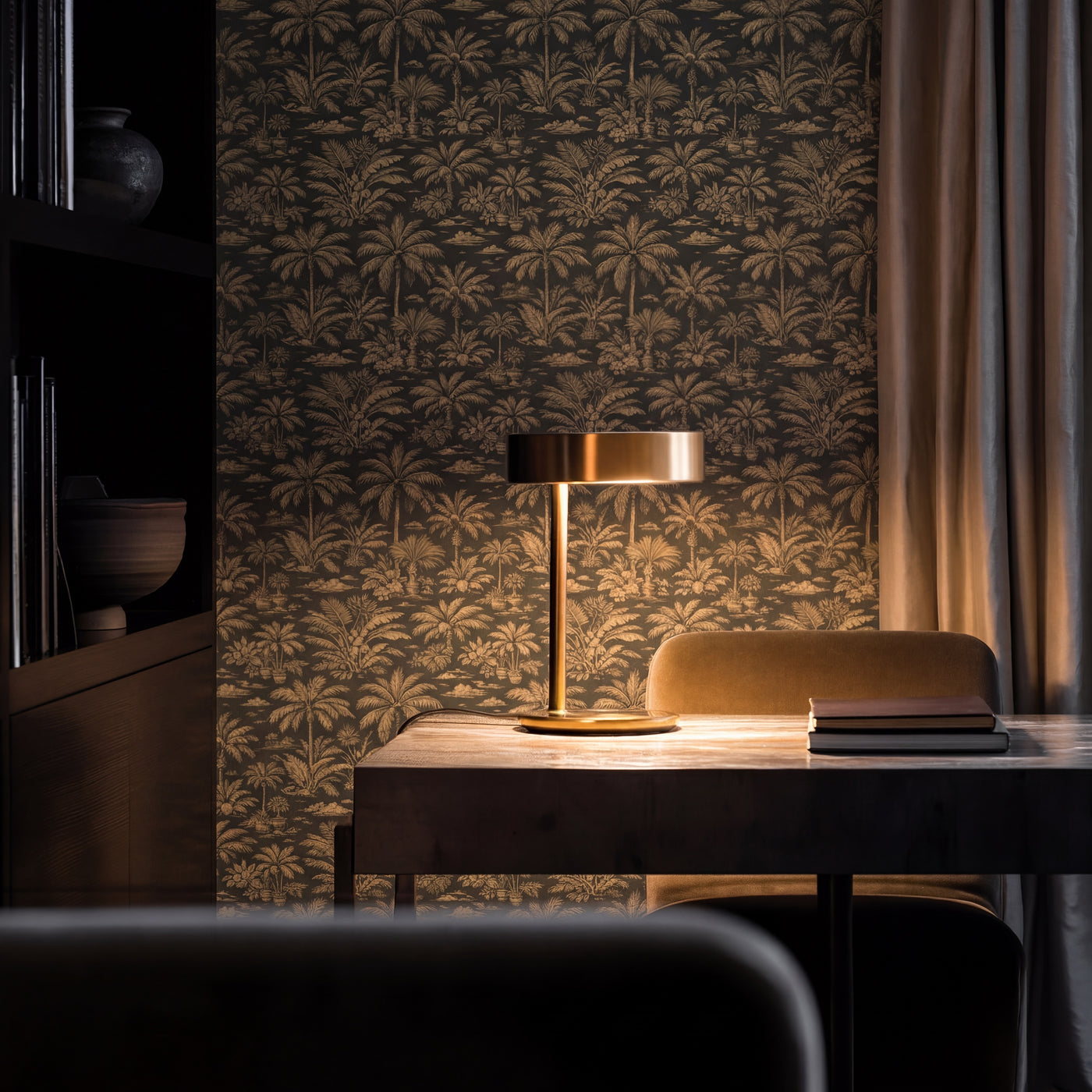 Lush tropical toile wallpaper with palms and exotic birds in a sophisticated room setting.