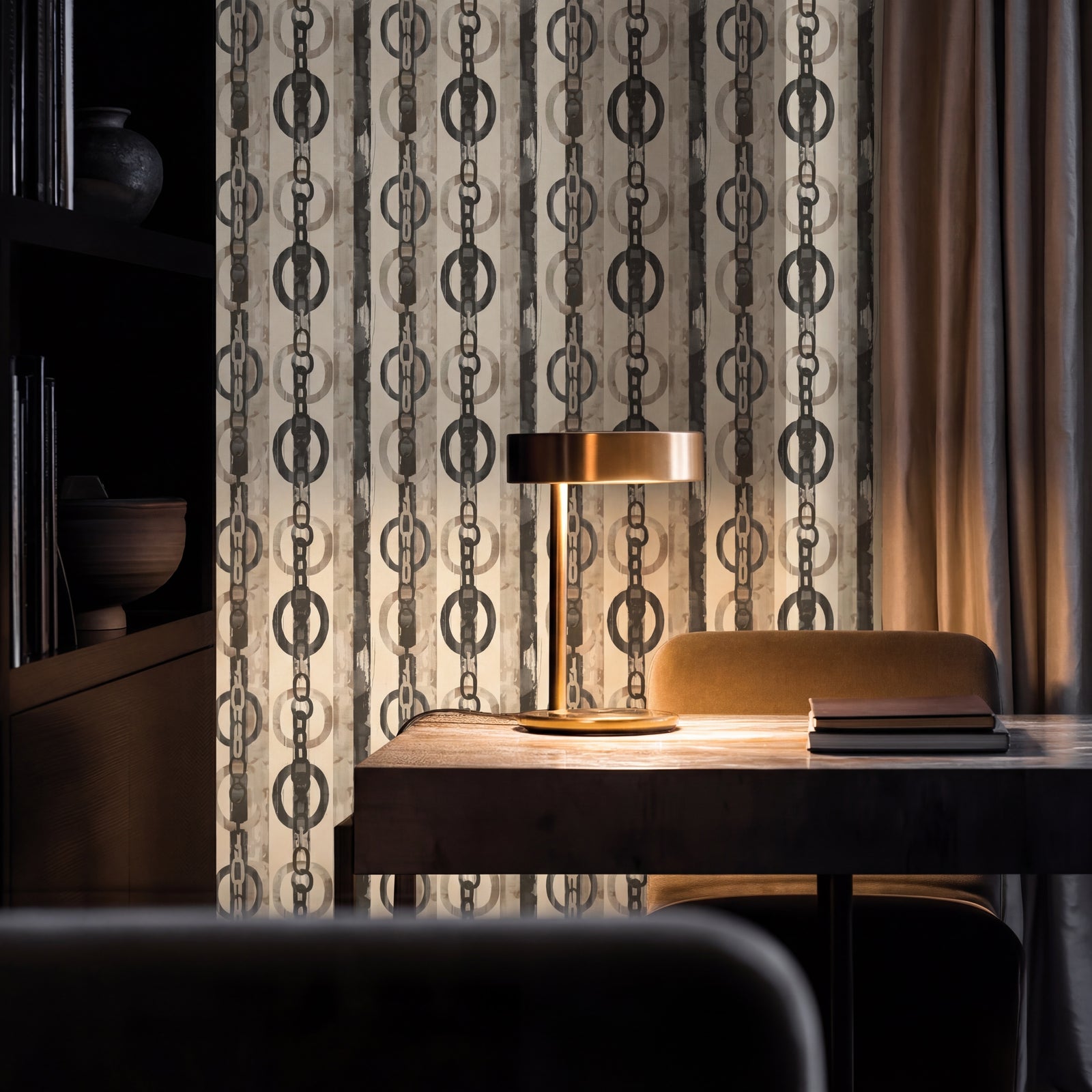 Modern living room wall styled with Gilded Chainwork metallic and grasscloth wallpaper in Bone colorway