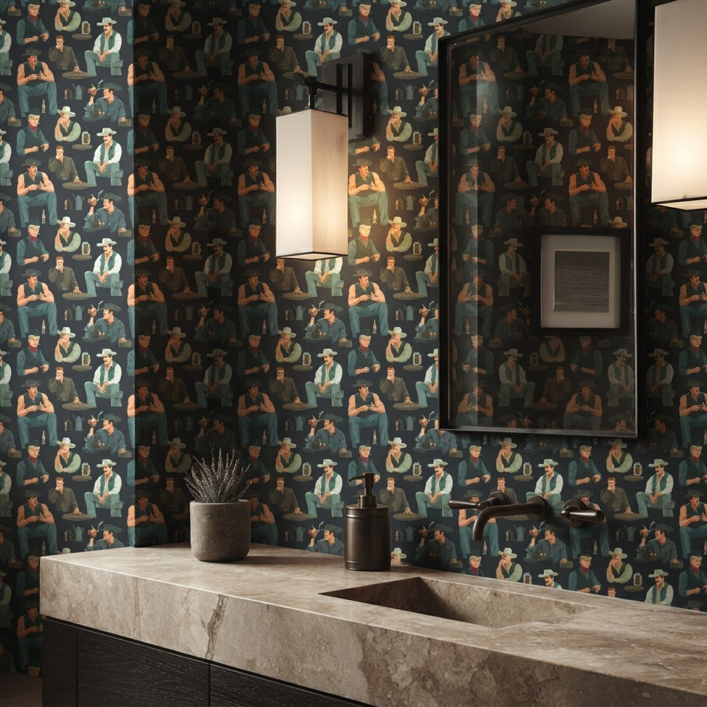 Close up of Dusty Trail Reverie wallpaper showing detailed cowboy illustrations and vintage motifs.