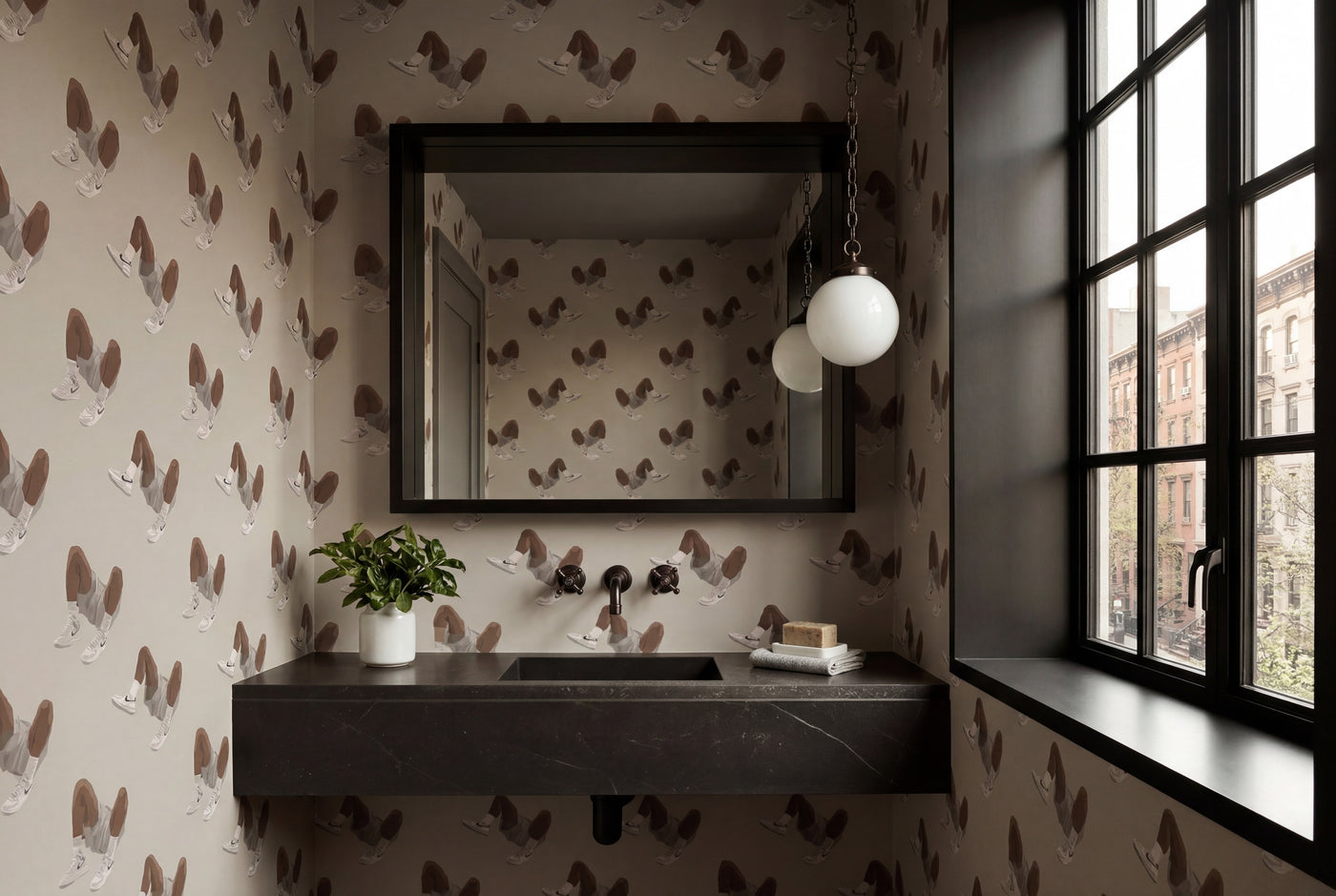 Stylized modern interior wall decorated with White Kicks athletic designer wallpaper in a neutral palette.