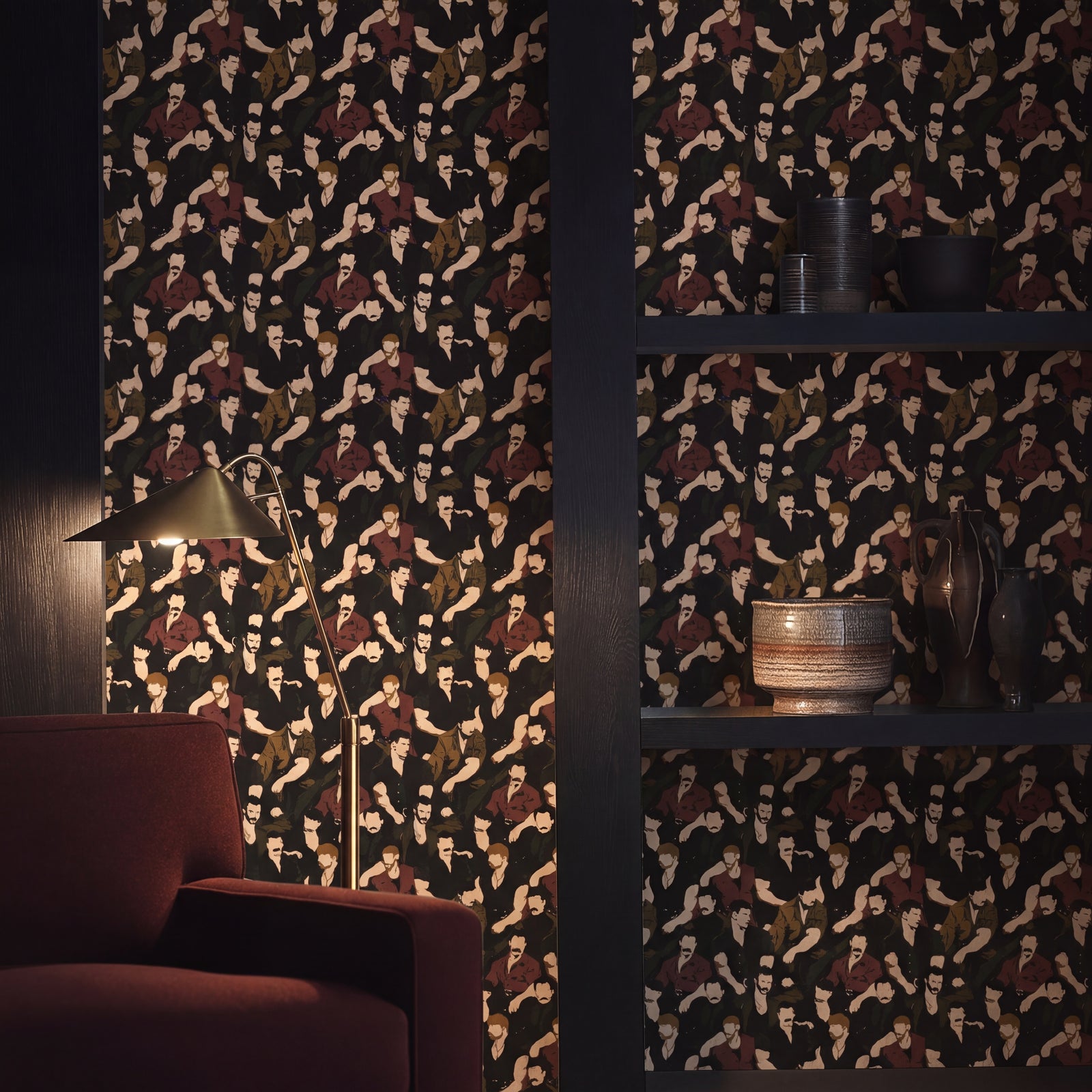 Mustache Men wallpaper in Jet colorway