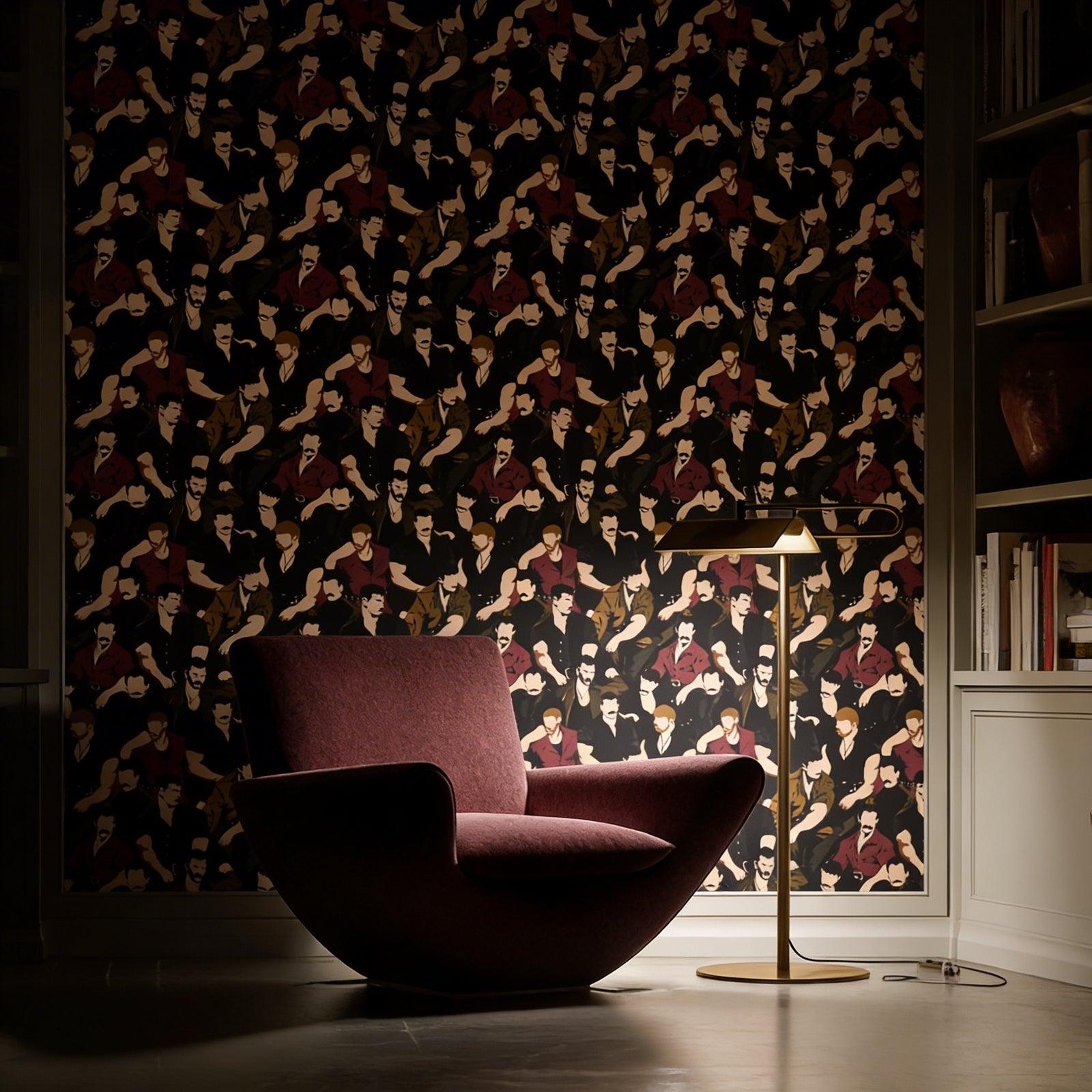 Mustache Men Graphite wallpaper in a sophisticated bedroom