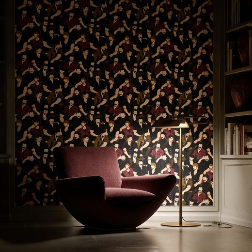 Mustache Men Graphite wallpaper in a sophisticated bedroom