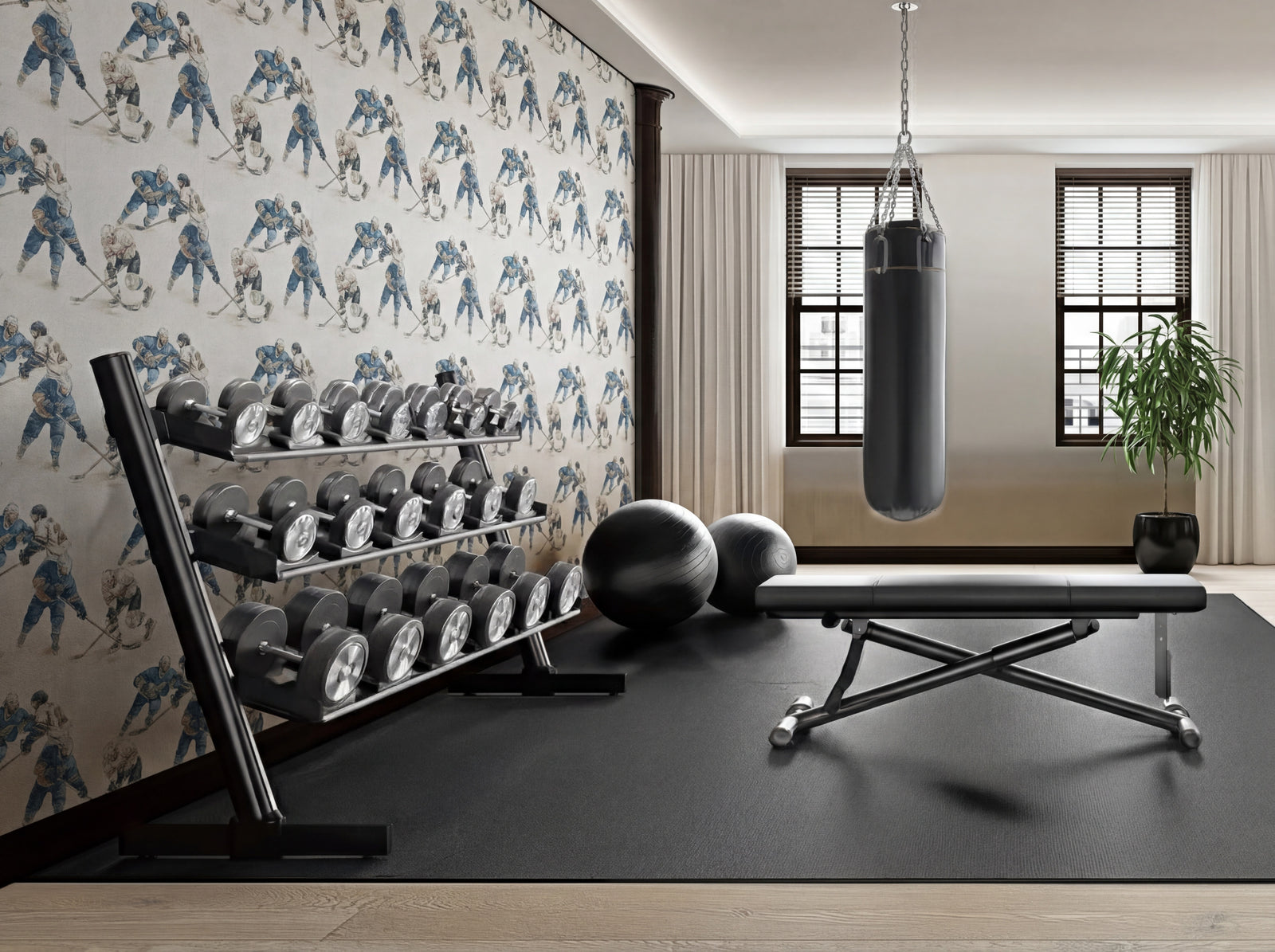 Tailored bedroom interior styled with Rinkside Heritage athletic wallpaper in the Ash colorway.