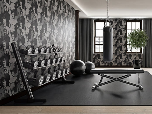 Luxurious modern dining room featuring graphic portrait motif wallpaper on a focal wall