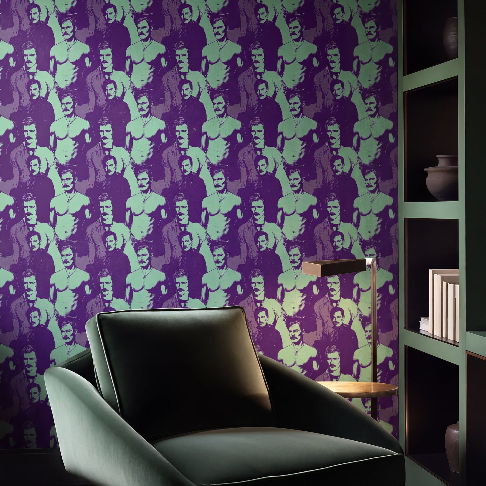 Eclectic bathroom interior decorated with pastel purple and mint portrait wallpaper
