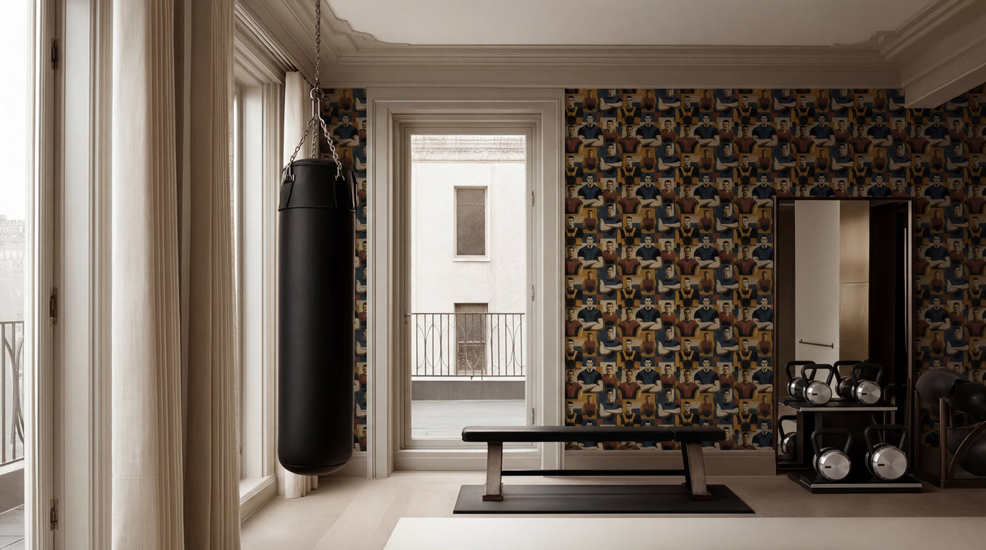 Sophisticated bedroom interior featuring Legacy Field Grid wallpaper as an accent wall.
