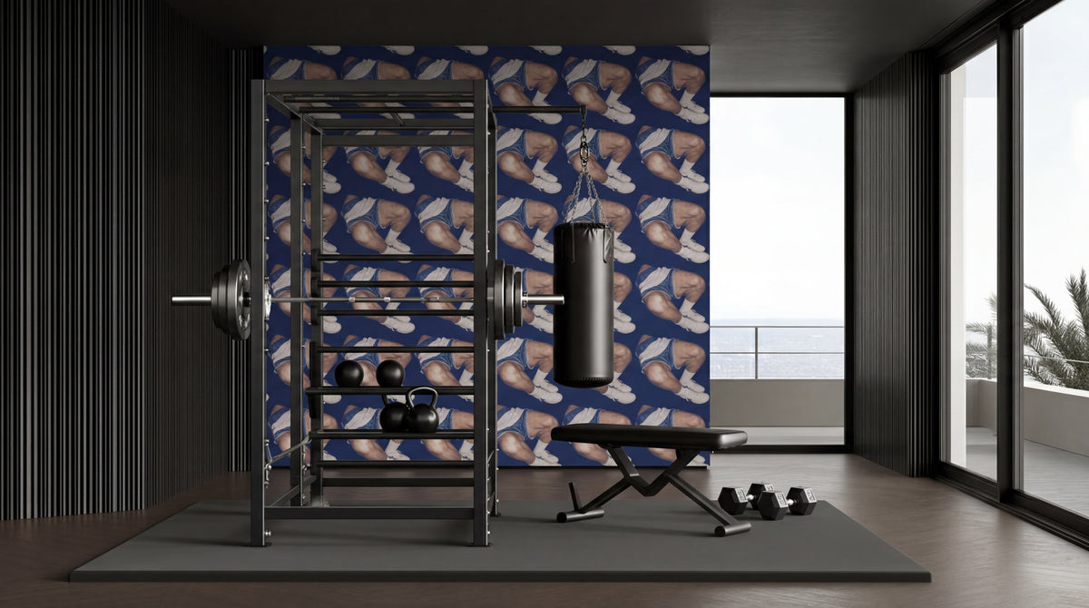 Elegant living room interior featuring the Gym Shorts artisan wallpaper on a large accent wall.