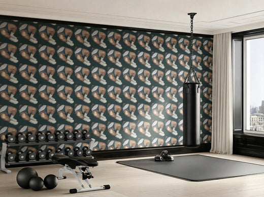 Refined modern study styled with Gym Shorts wallpaper on the main feature wall.