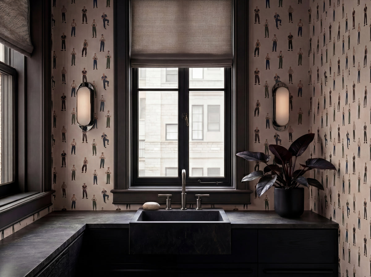 Downtown Misters wallpaper installed in a sophisticated modern bedroom behind a stylish bed setup.