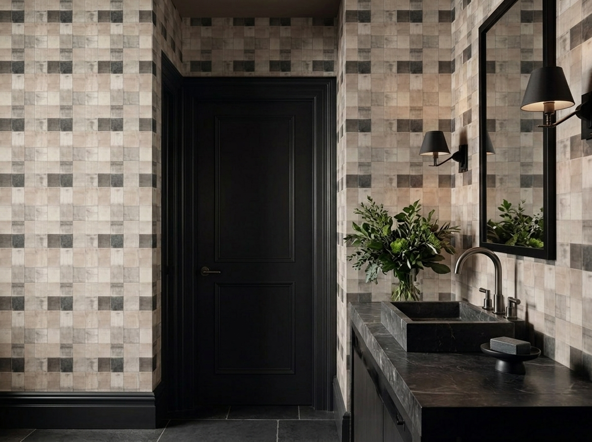 Chalky plaster tile wallpaper installed in a wabi-sabi style dining area