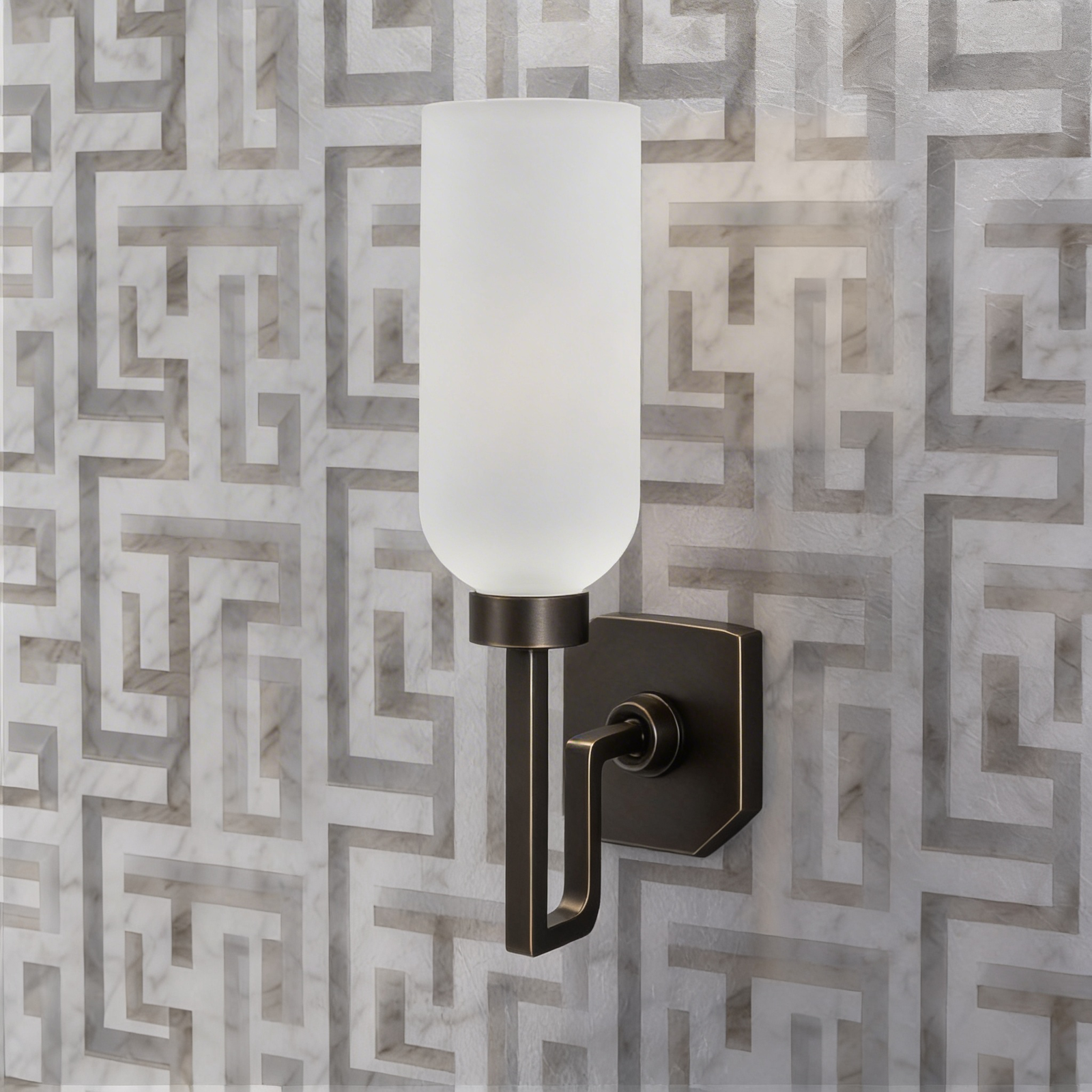 White Soft Gray Greek Key wallpaper sample displaying fine stone textures