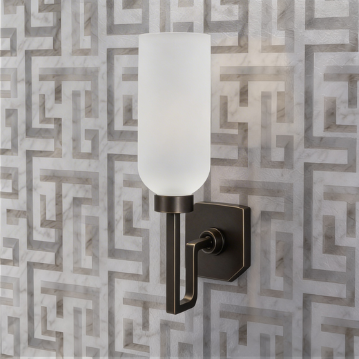 White Soft Gray Greek Key wallpaper sample displaying fine stone textures