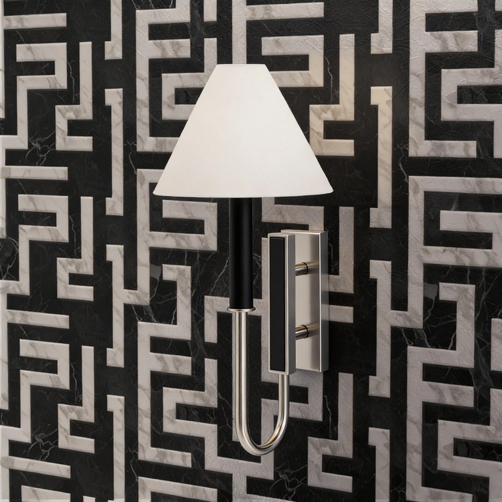 Greek Key Carrara Noir wallpaper sample with dark marble veining