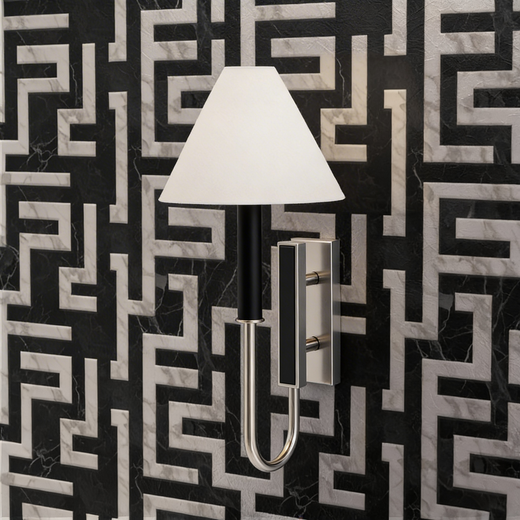 Greek Key Carrara Noir wallpaper sample with dark marble veining