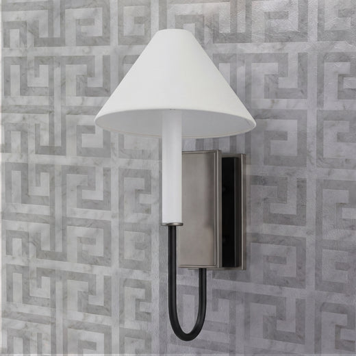 Carrara Marble Greek Key wallpaper in modern bathroom setting
