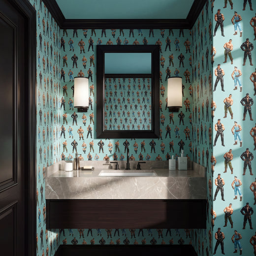 Detailed view of Herculean Leather Mosaic Wallpaper depicting illustrated athletic figures in classical poses.