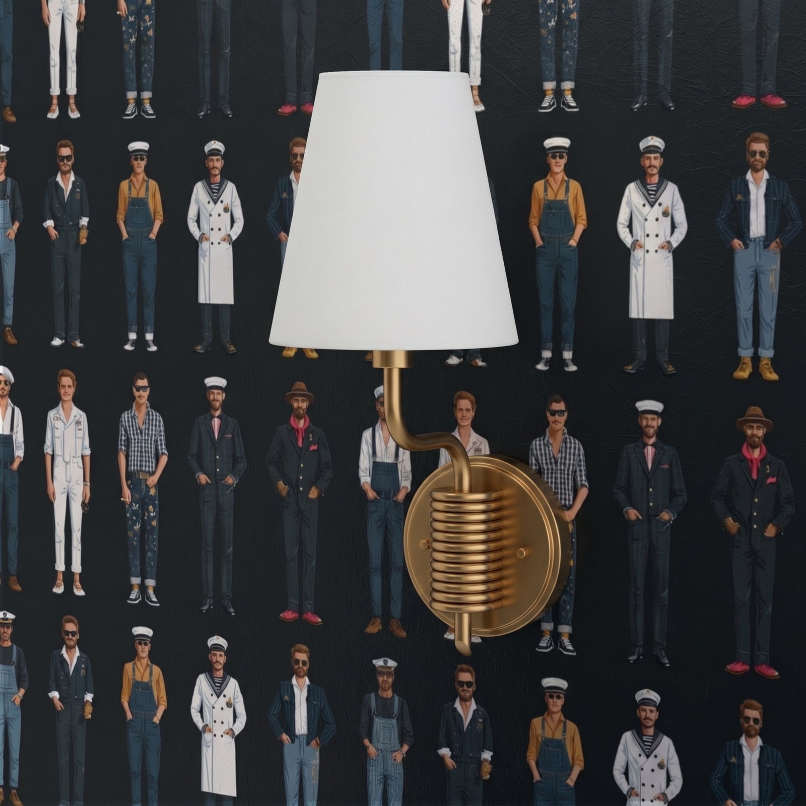 Detailed close-up of the vintage nautical figures pattern on premium wallpaper