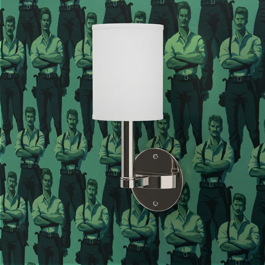 Sophisticated figurative wallpaper installed in a curated modern interior.