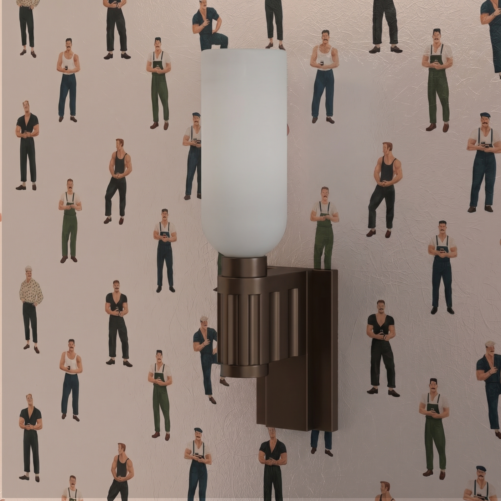 A curated living room interior featuring Downtown Misters figurative wallpaper as an elegant accent wall.