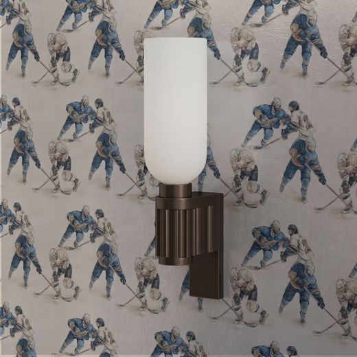 Detail view of the hand-drawn hockey players on the Rinkside Heritage wallpaper in a contemporary hallway.