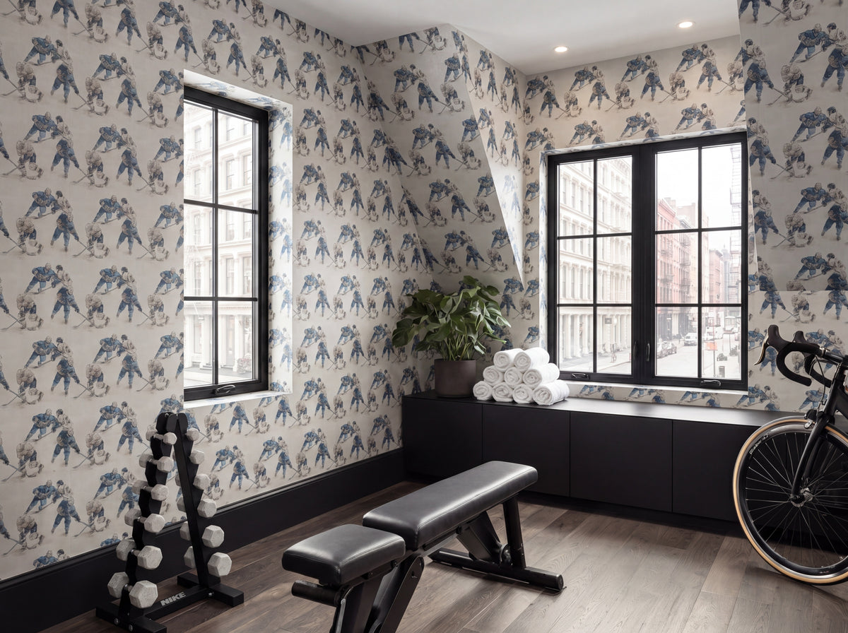 Refined study wall featuring the Rinkside Heritage Illustrated Wallpaper with classic hockey player illustrations.