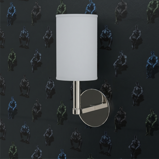 Elegant dining space styled with Midnight Lounge charcoal wallpaper depicting sketched figures.