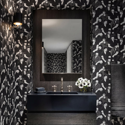 Mustache Men wallpaper in a stylish monochrome lounge setting