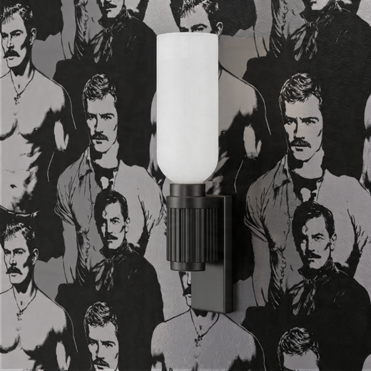 Detail of monochrome figurative wallcovering pattern showing dapper gentlemen in suits