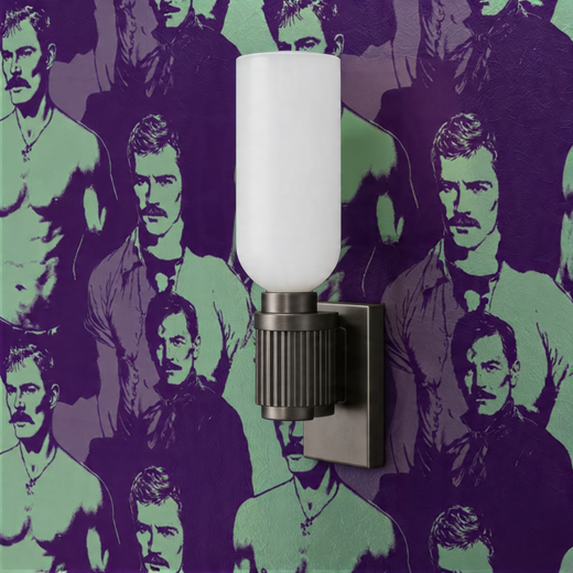 Detailed view of the repeating gentleman pattern in Mint and Purple colorway