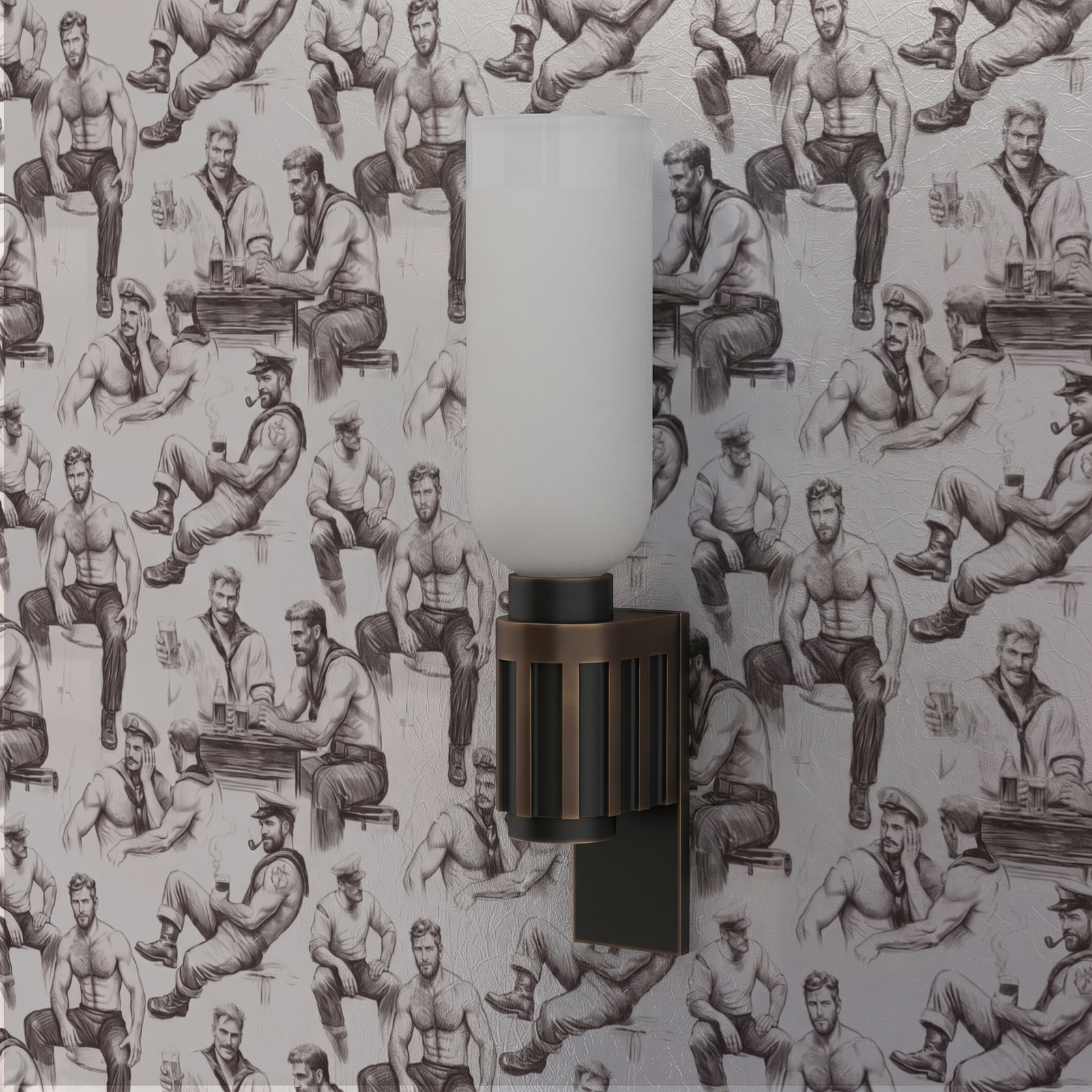 Classic dining room layout showcasing sophisticated navy maritime wallpaper.