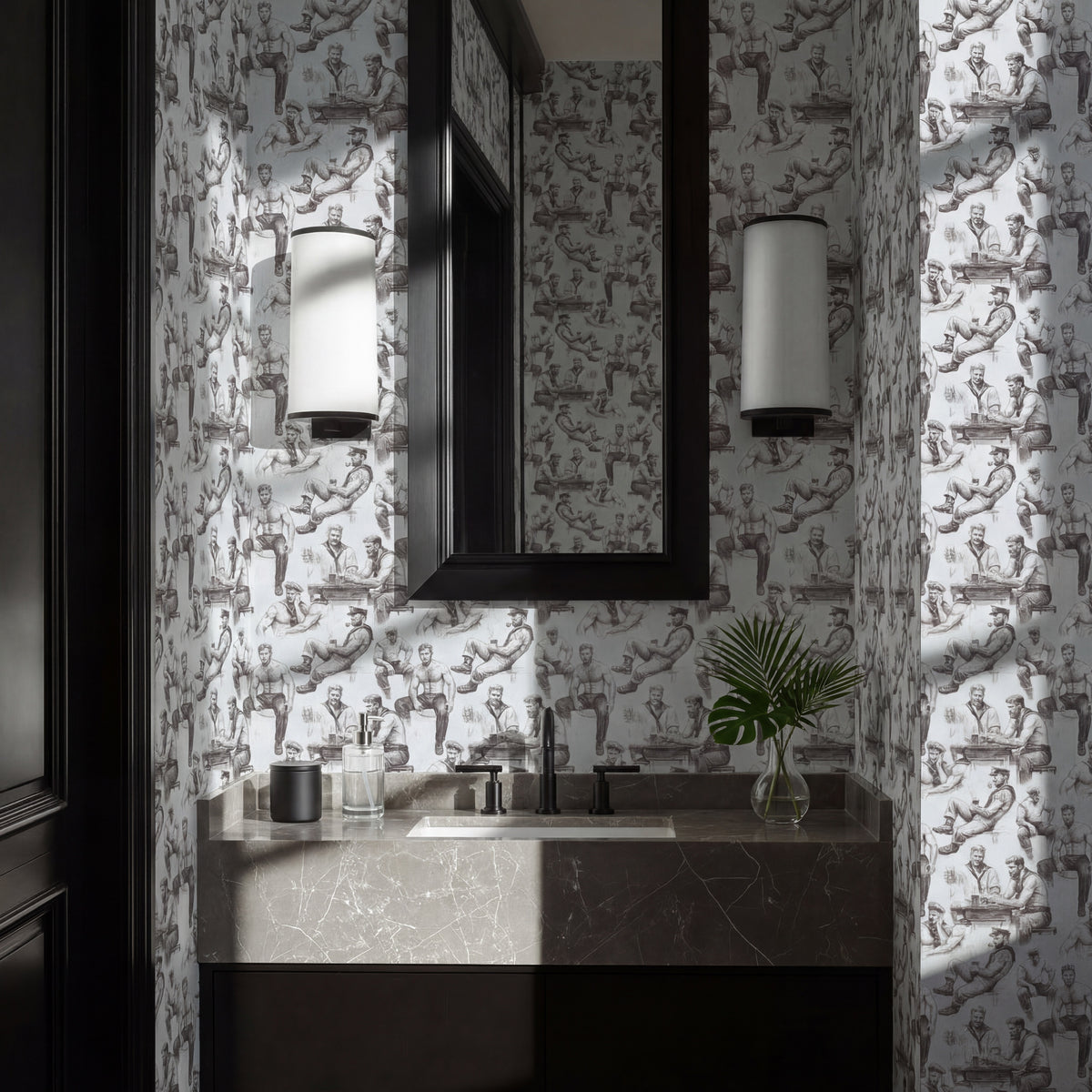 Elegant living space styled with navy blue designer wallpaper on a feature wall.