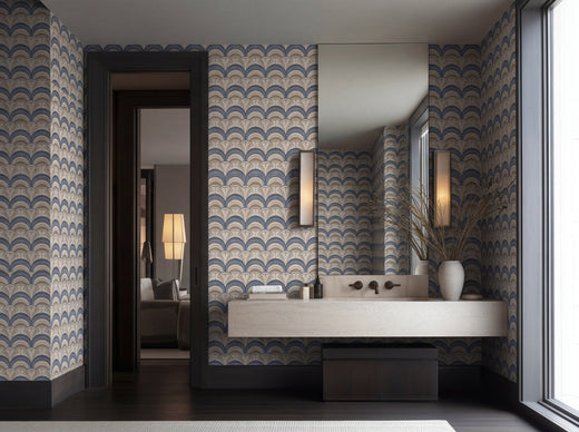 Marais Deco wallpaper in an elegant, modern dining room setting with curated designer furnishings.