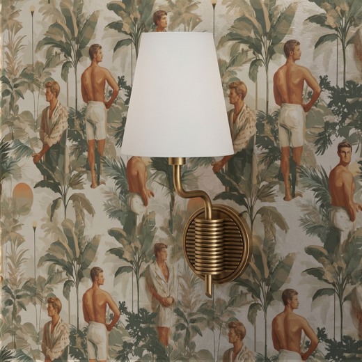 Close-up detail of the tropical illustration and architectural elements on Coastal Gentleman's Retreat Wallpaper.