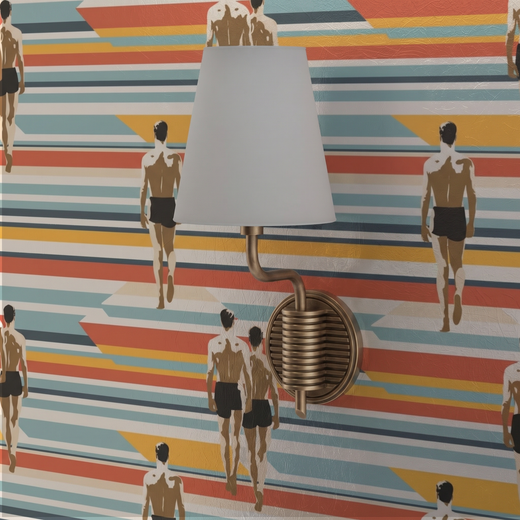 Close-up of the retro figure illustrations and striped pattern on Strada del Sole wallpaper.