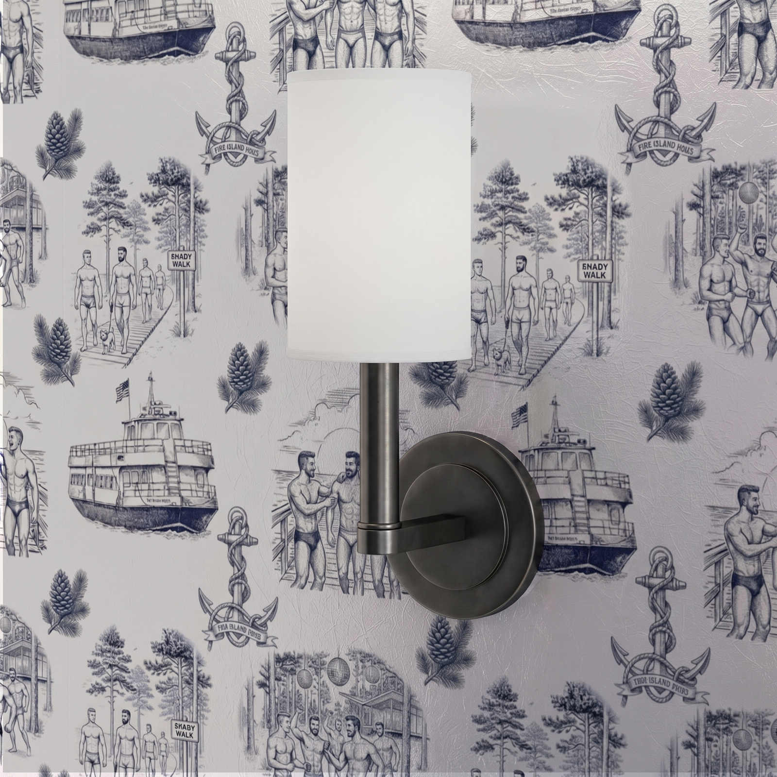Close-up of the boardwalk and ferry illustrations on the Fire Island Pines wallpaper.