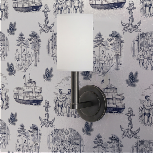 Close-up of the boardwalk and ferry illustrations on the Fire Island Pines wallpaper.