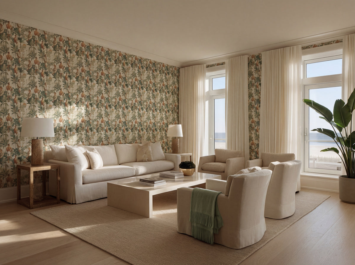 In-room view of Coastal Gentleman's Retreat Wallpaper on a feature wall in a sophisticated study.