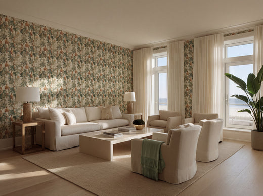 In-room view of Coastal Gentleman's Retreat Wallpaper on a feature wall in a sophisticated study.