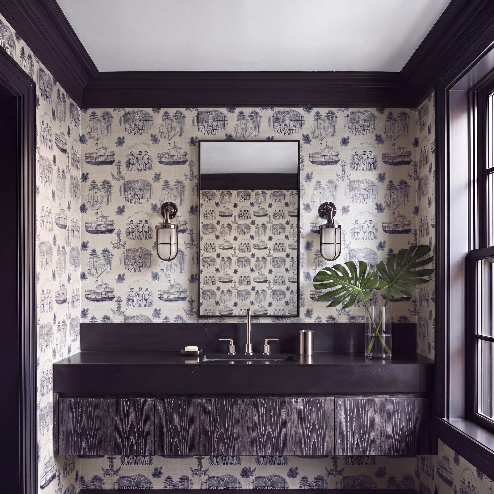 Charming coastal vignettes on artisan wallpaper showing dockside and nautical details.
