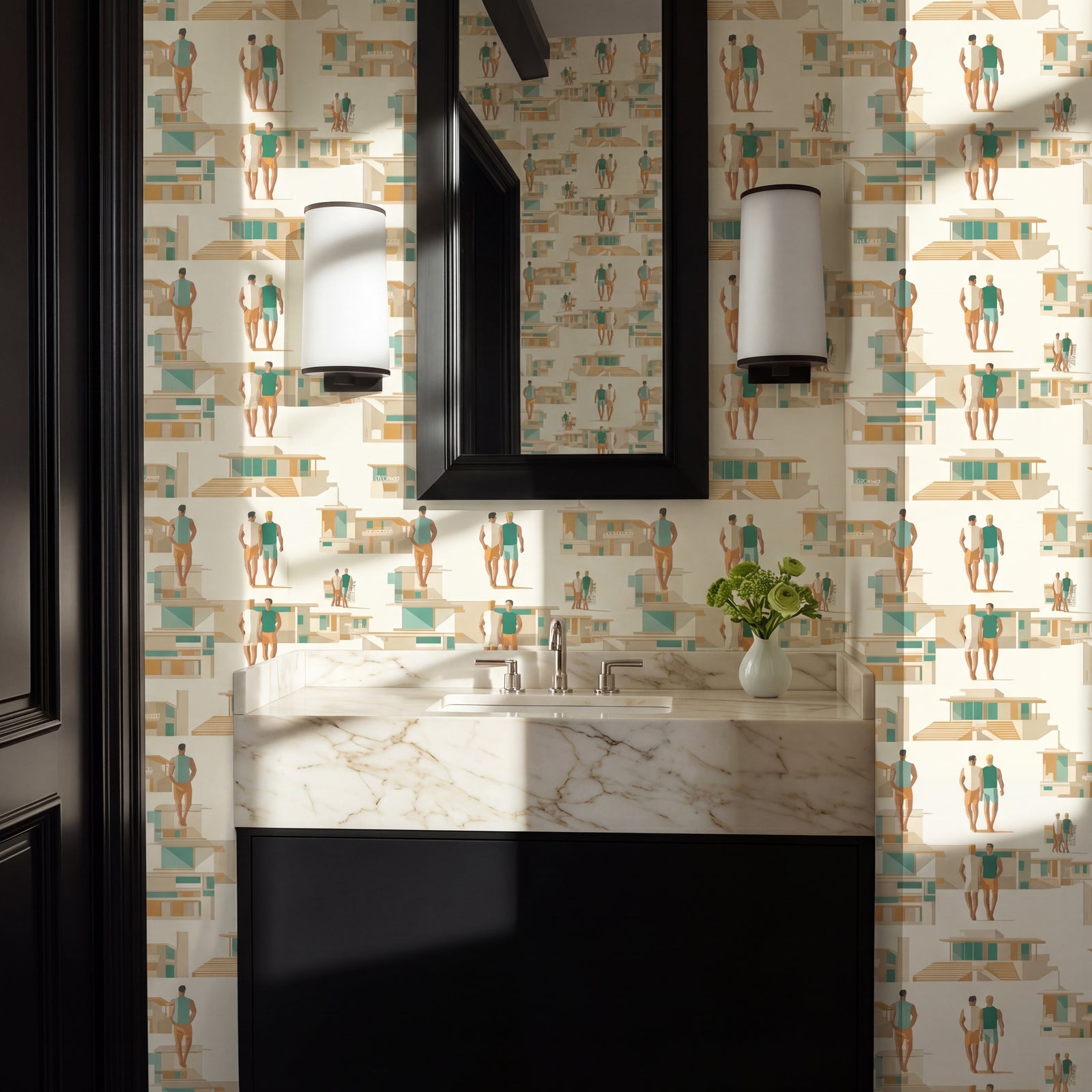 Sunstone Coast Retreat wallpaper sample showcasing midcentury modernist homes and minimalist figures in a grid pattern.