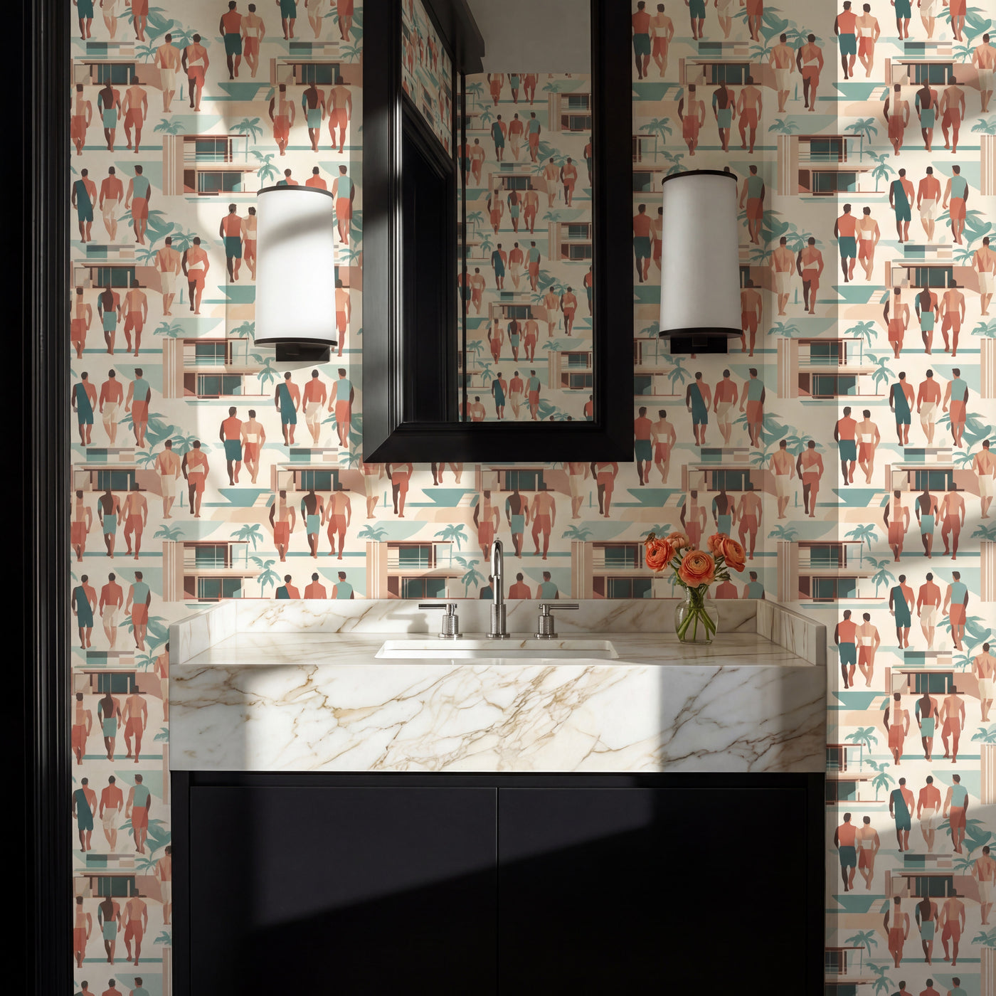 Riviera Modernist wallpaper styled on a living room accent wall with midcentury decor.
